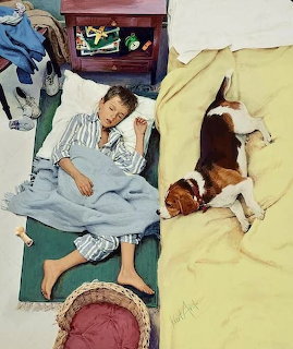 Top-down painting of a dog sleeping on a bed while a child sleeps on the floor beside it