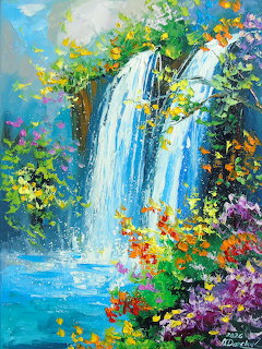 Impressionist painting of waterfall with vibrant flowers and foliage