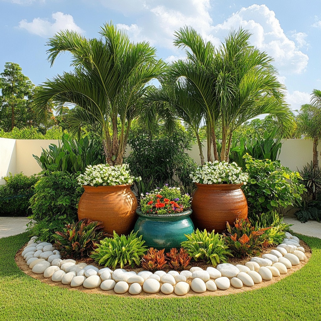 Circular garden bed with palm trees in large terracotta pots surrounded by flowers and white stones