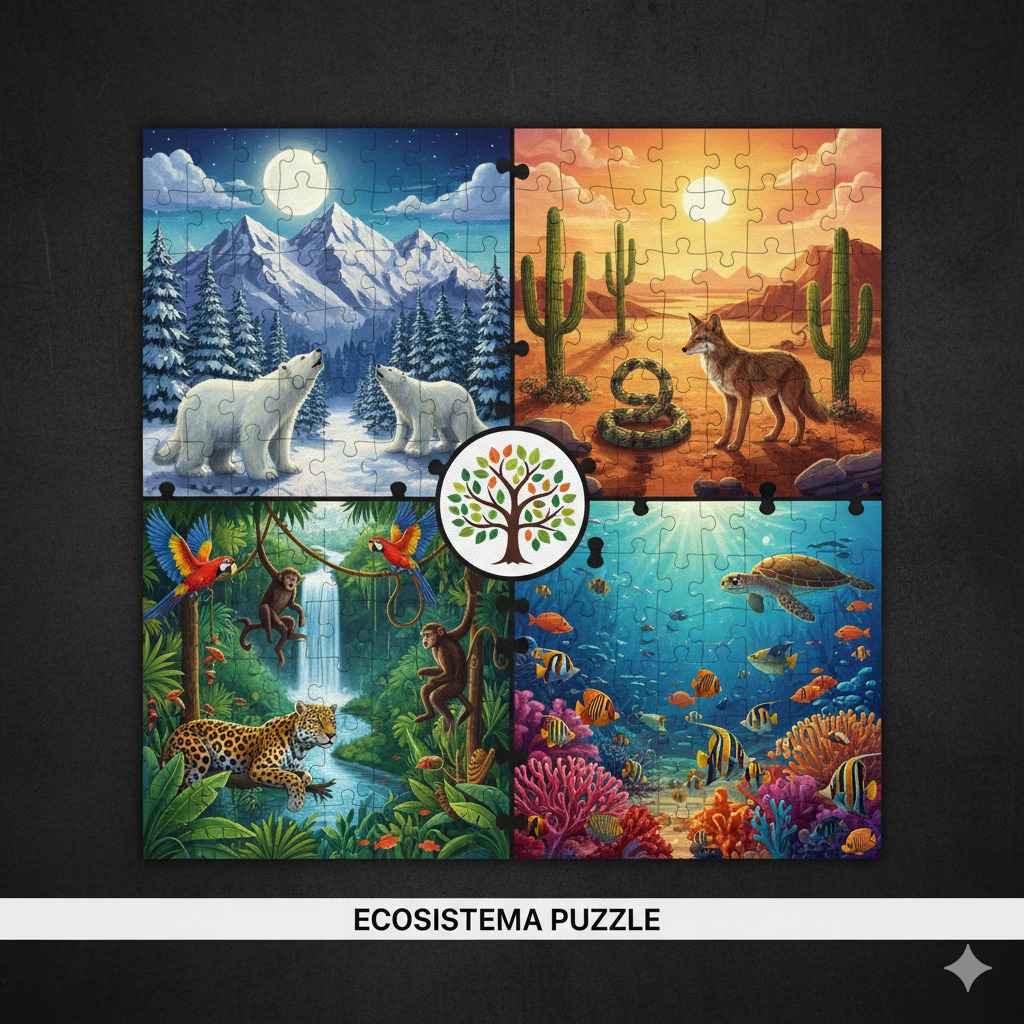Illustrated collage of four ecosystems with polar bears, desert animals, jungle wildlife, and ocean fish