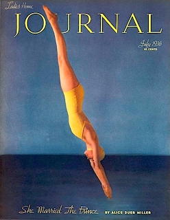 1936 Ladies' Home Journal cover showing woman diving in orange swimsuit against blue ocean and sky