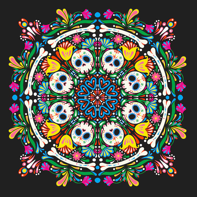 Vibrant circular mandala with sugar skulls, flowers, and Day of the Dead motifs in bright colors on black