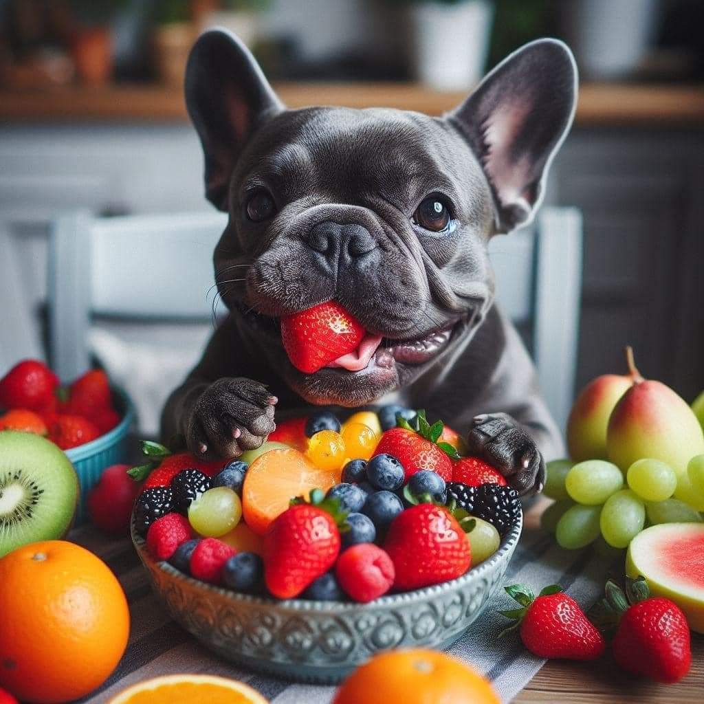 Gray French Bulldog eating a strawberry from a bowl of colorful mixed fruit on a table
