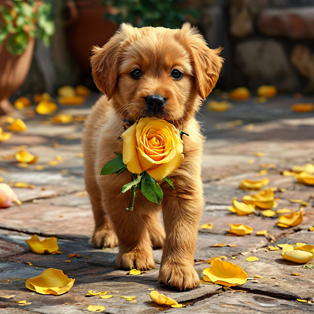 Golden puppy holding yellow rose in mouth on stone path with scattered petals