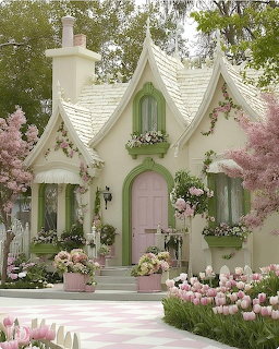 Whimsical green cottage with white roof surrounded by pink flowers and blooming trees in a fairy-tale garden