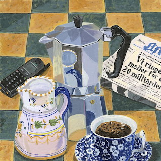 Painting of a moka pot, coffee cup, milk jug, phone, and newspaper on a checkered table