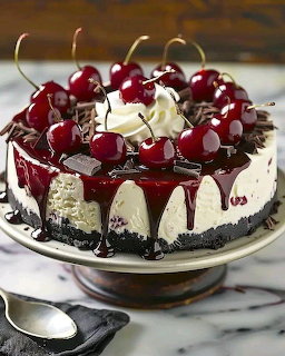 Black Forest cake with cherries, whipped cream, and chocolate drizzle on a cake stand