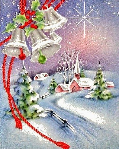 Vintage Christmas card with silver bells, holly, and snowy village scene with cottages and evergreen trees