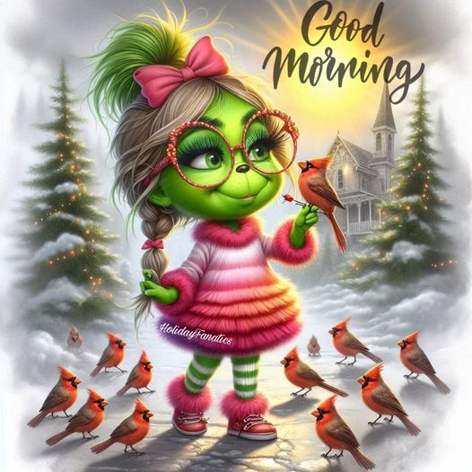 Green Grinch character with coffee mug surrounded by red cardinals in winter snow scene