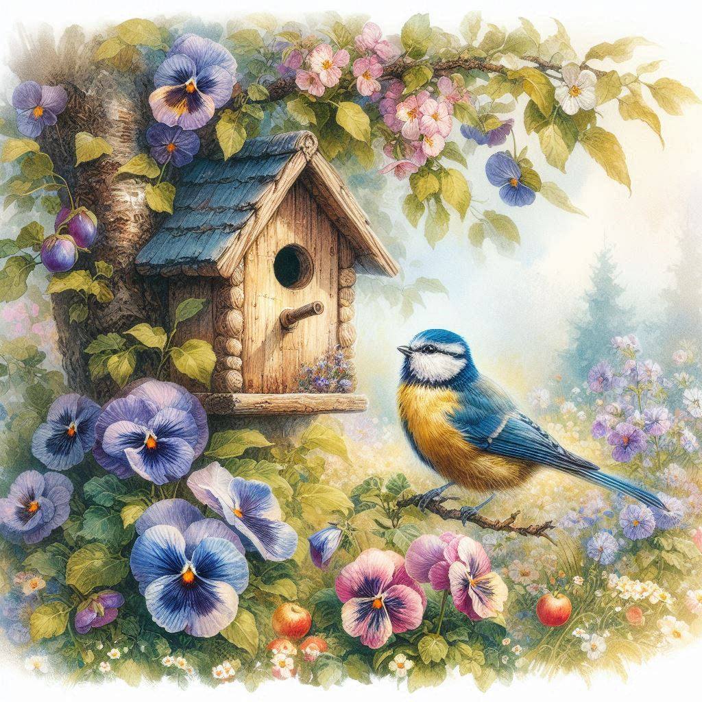 Watercolor birdhouse with purple pansies and blue tit bird in misty garden