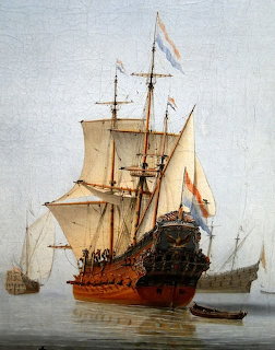 17th-century Dutch sailing ship The Phenix with multiple masts and white sails on calm sea