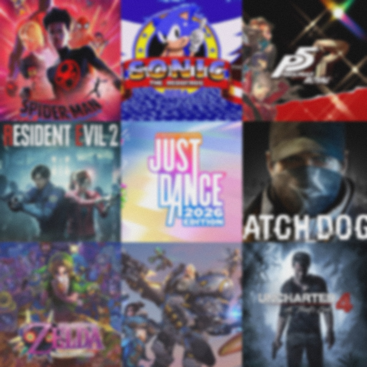 Collage of nine colorful video game cover artworks in a square grid