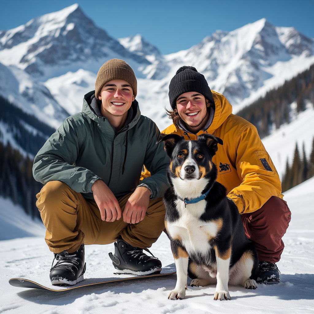 Two people posing with a dog in snowy mountains under a blue sky