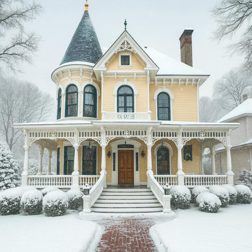 Yellow Victorian house with ornate porch and turret in snowy winter landscape