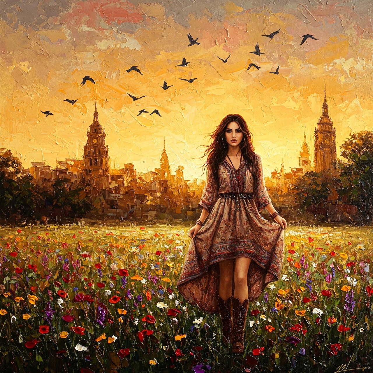 Woman in flowing dress stands in vibrant wildflower field at sunset with city silhouette and birds overhead