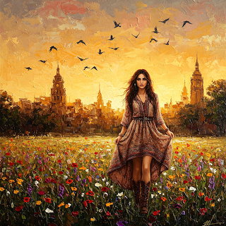 Woman in Wildflower Field at Sunset