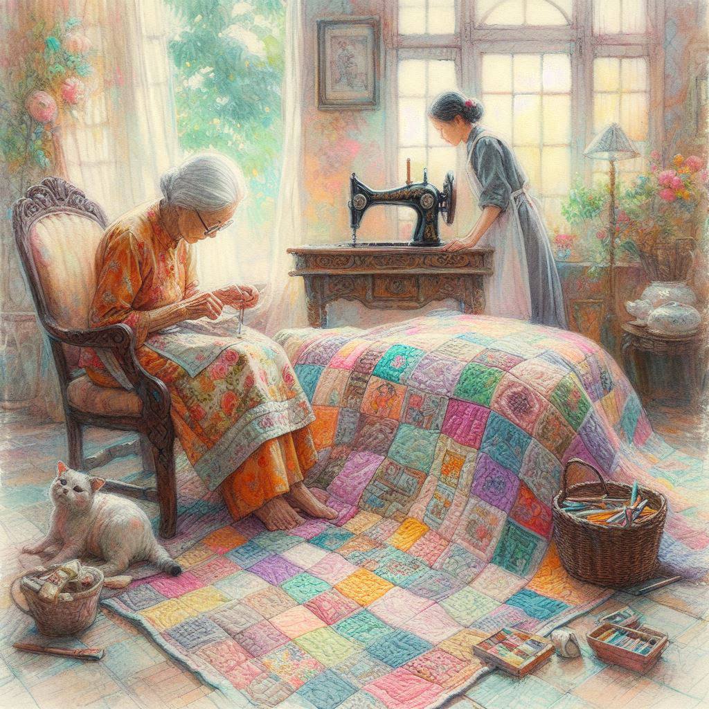 Two women sewing colorful patchwork quilt in cozy sunlit room with cat and sewing machine