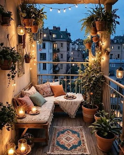 Cozy plant-filled balcony with lanterns, cushions, and a dusk view of nearby city buildings