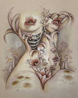 Sureal drawing of a human ribcage and spine adorned with flowers, mushrooms, and flowing organic shapes