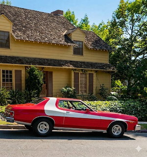 Red Classic Car Yellow House