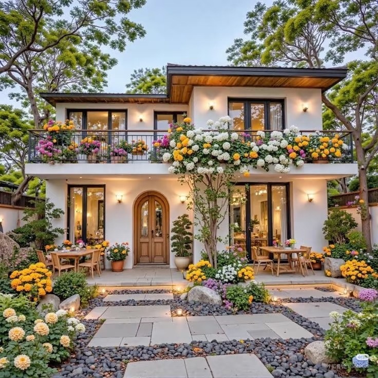 Two-story white house with blooming flower gardens and outdoor patio furniture under evening sky