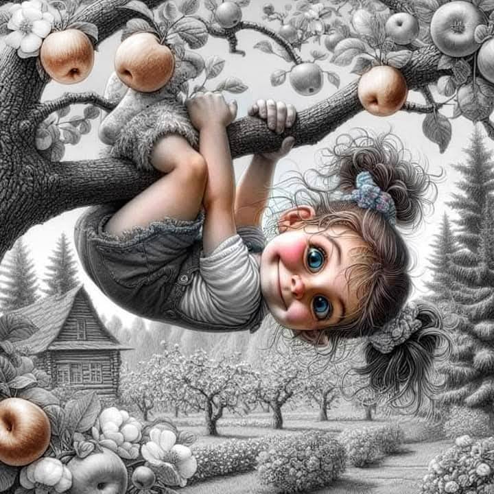 Illustrated girl hanging upside down from an apple tree in a surreal orchard