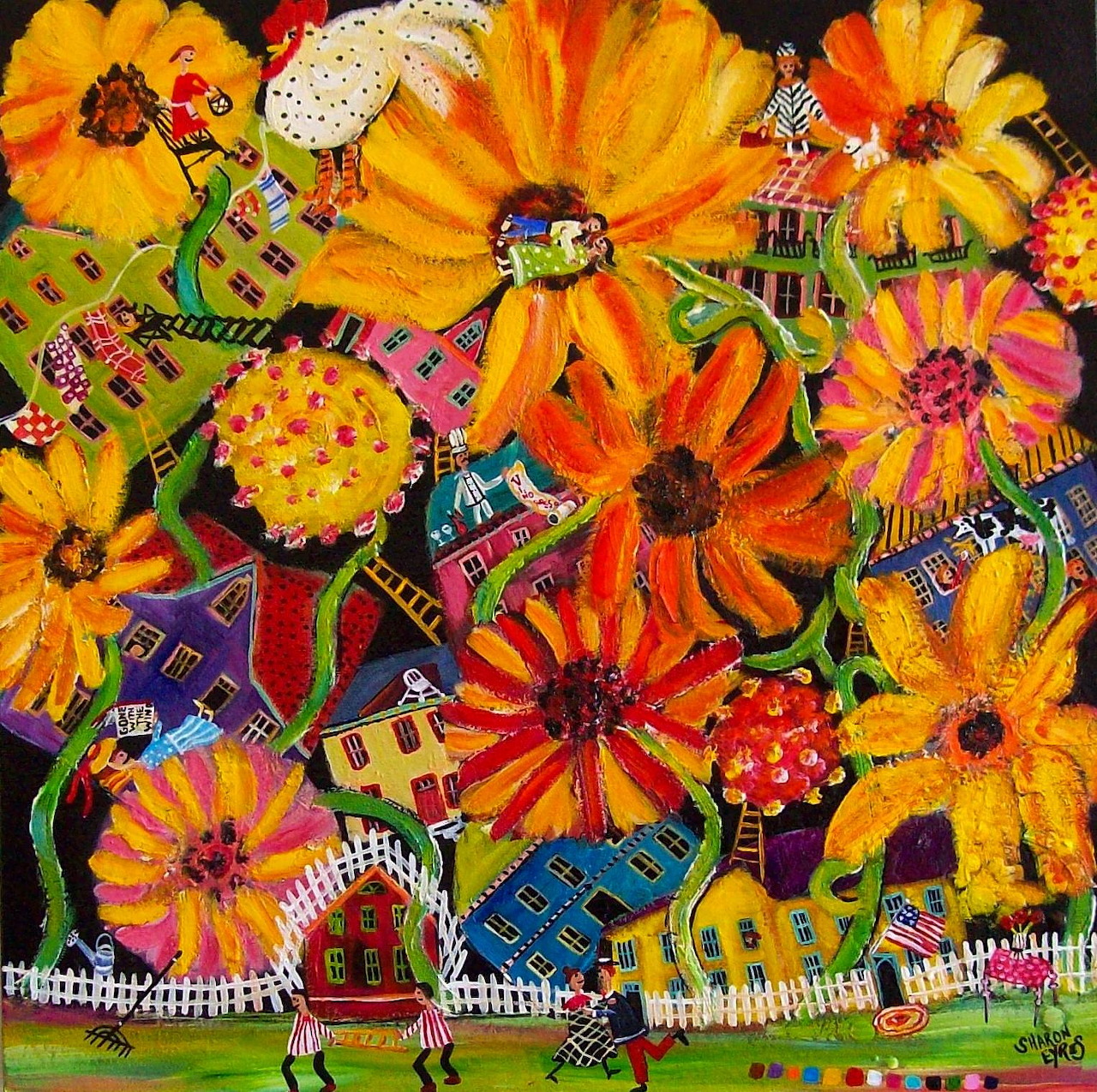 Folk art painting of village houses among orange and yellow sunflowers with decorative patterns