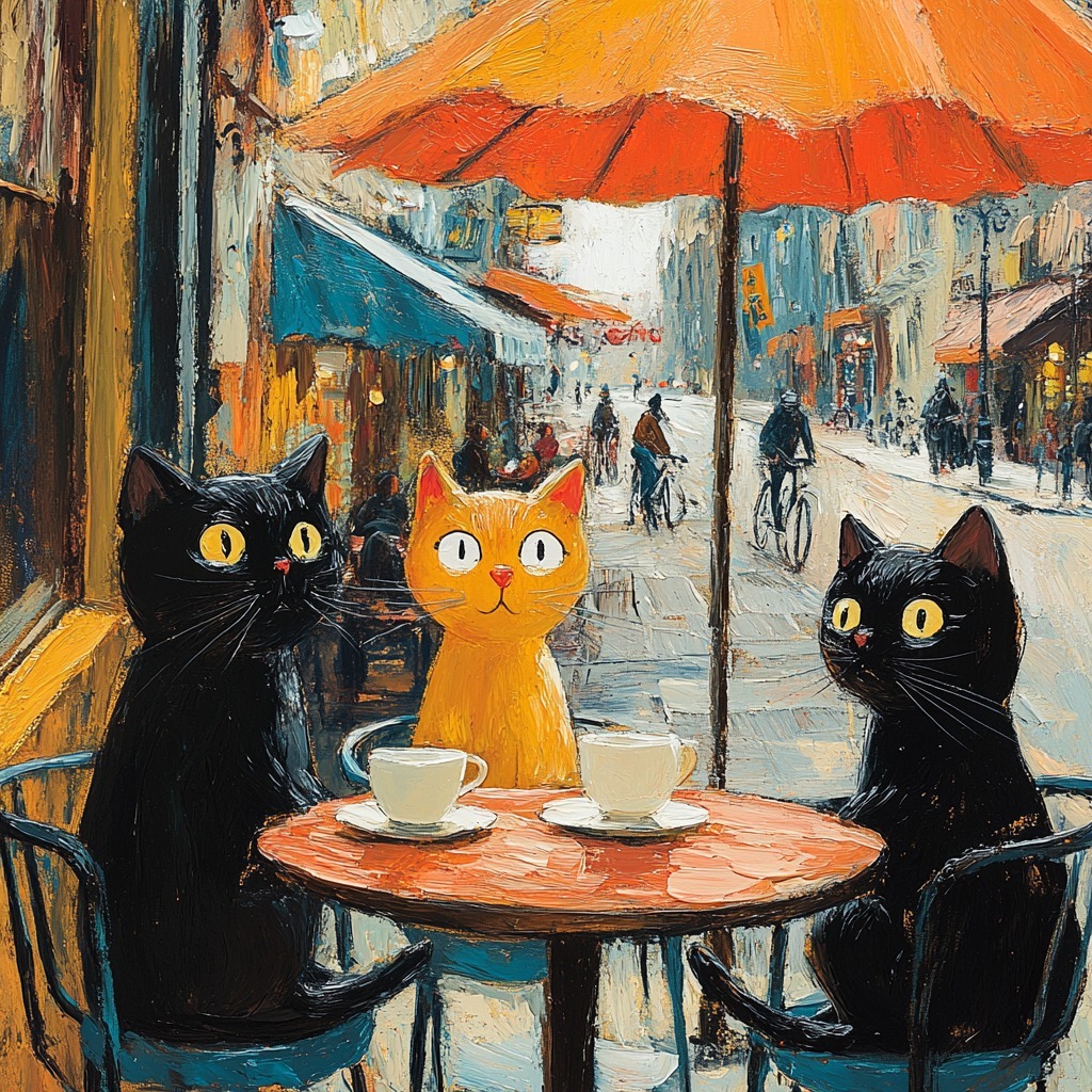Impressionist painting of three cats at a cafe table with coffee cups under an orange umbrella on a city street
