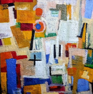 Abstract geometric painting with colorful blocks and textured brushstrokes