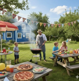 Family barbecue party in backyard with grill, picnic table, pizzas, and festive decorations