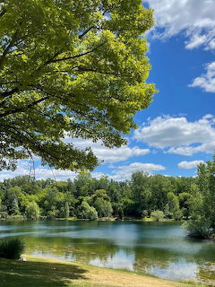 Tranquil lake with green trees and blue cloudy sky reflected in calm water