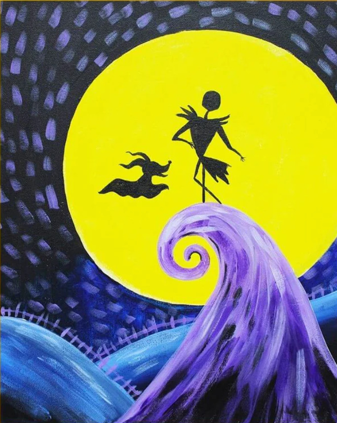 Painting of Jack Skellington and ghost dog Zero silhouetted against yellow moon on spiral hill