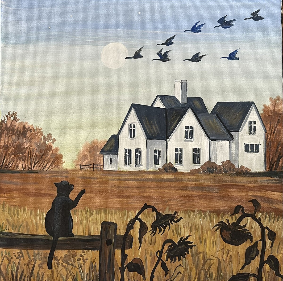 Folk art scene: black cat on fence watches geese near white farmhouse under autumn sky with flying birds