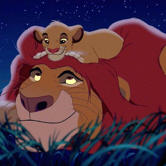 Adult lion and cub lying together under starry night sky in animated style