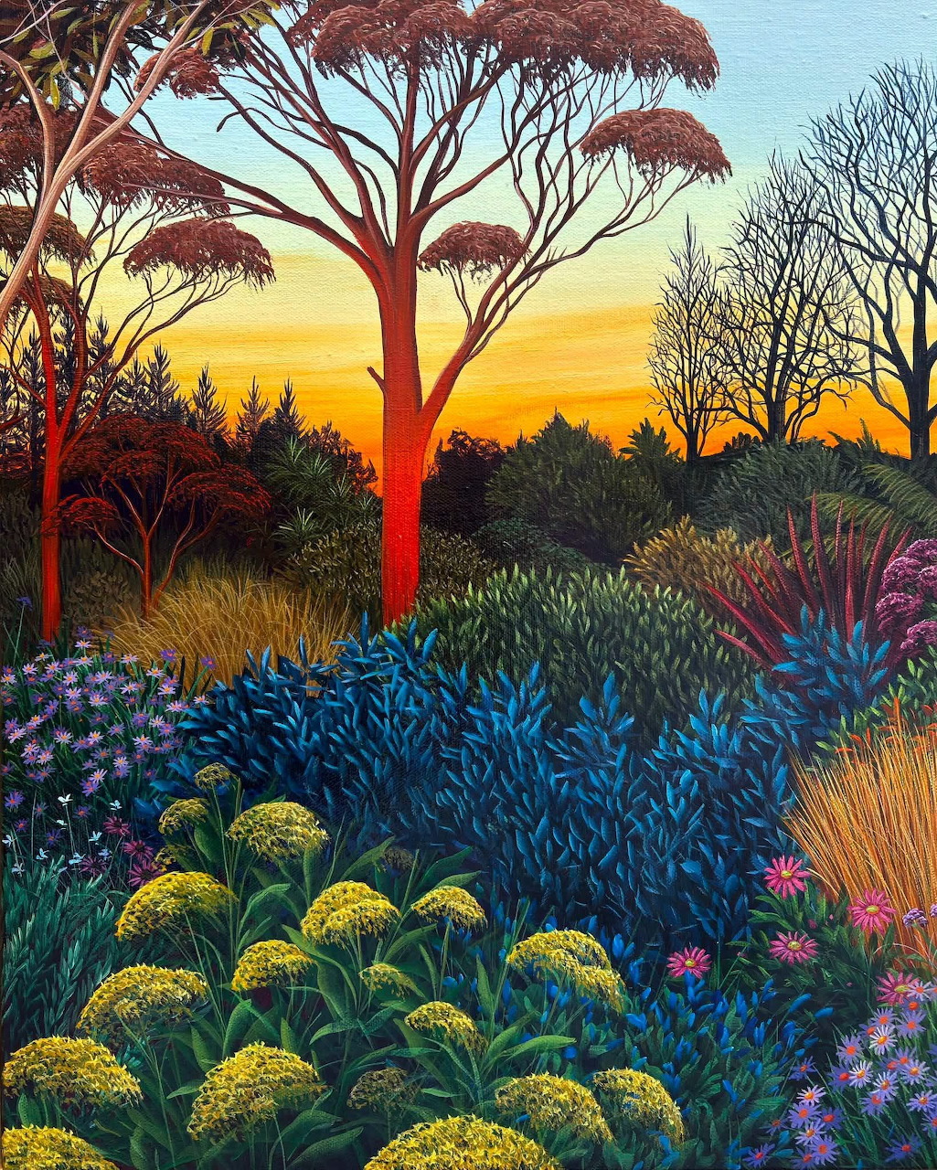 Painted sunset landscape with tall trees, shrubs, and blooming wildflowers