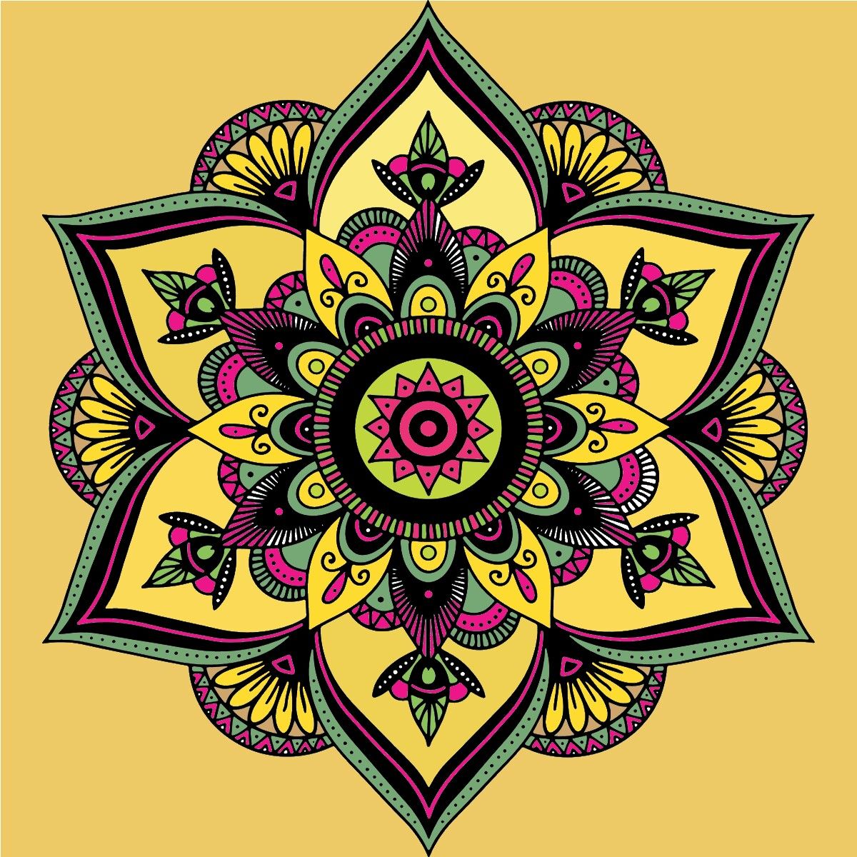 Symmetrical mandala with ornate floral patterns in vibrant colors on yellow background