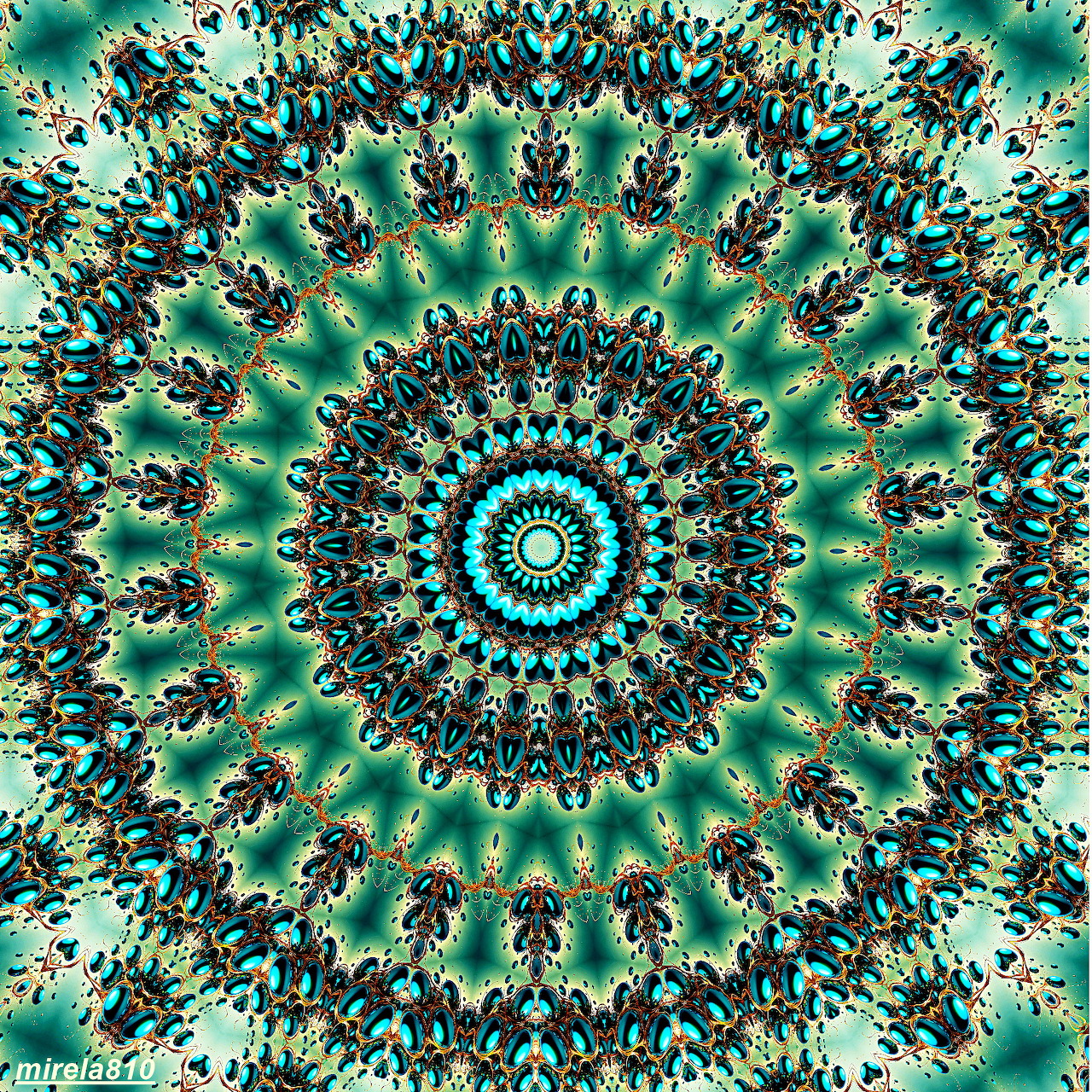 Detailed turquoise and teal mandala with concentric symmetrical kaleidoscopic patterns