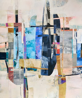 Abstract collage painting with overlapping blue, gray and beige geometric shapes in textured layers