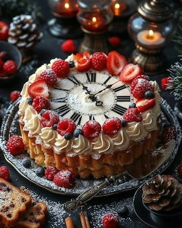 Round layered cake with strawberries, cream, and clock design on top, displayed with Christmas decorations and candles