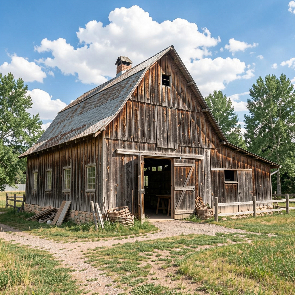 Old weathered wooden barn in rural field under blue sky with white clouds