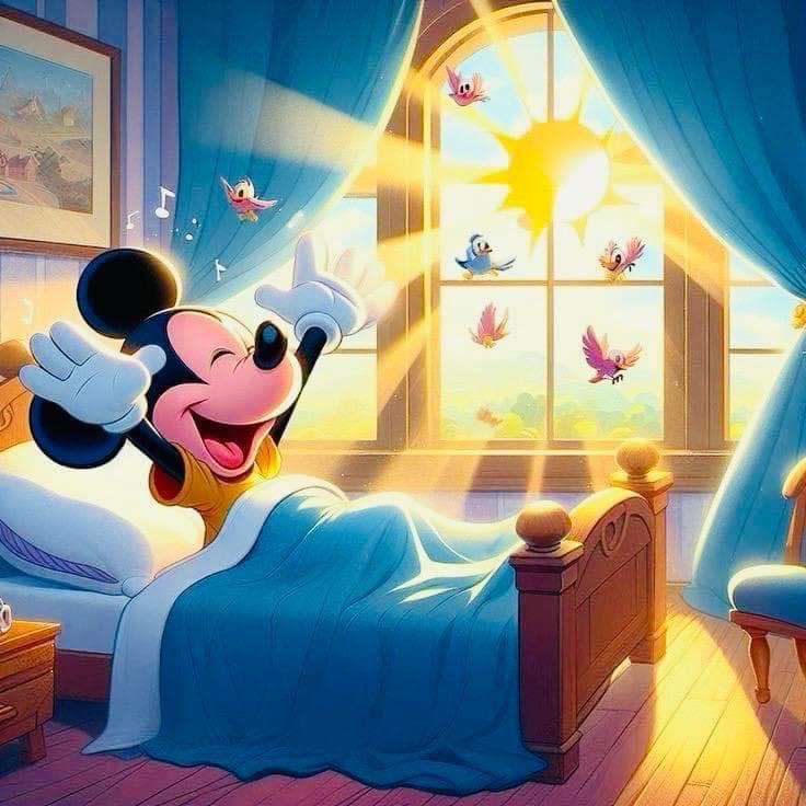 Mickey Mouse in bed smiling at bright sunlight through window with flying birds in a cartoon bedroom