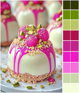 White mini cake with magenta drizzle, raspberries, gold leaf, and pistachios on white plate