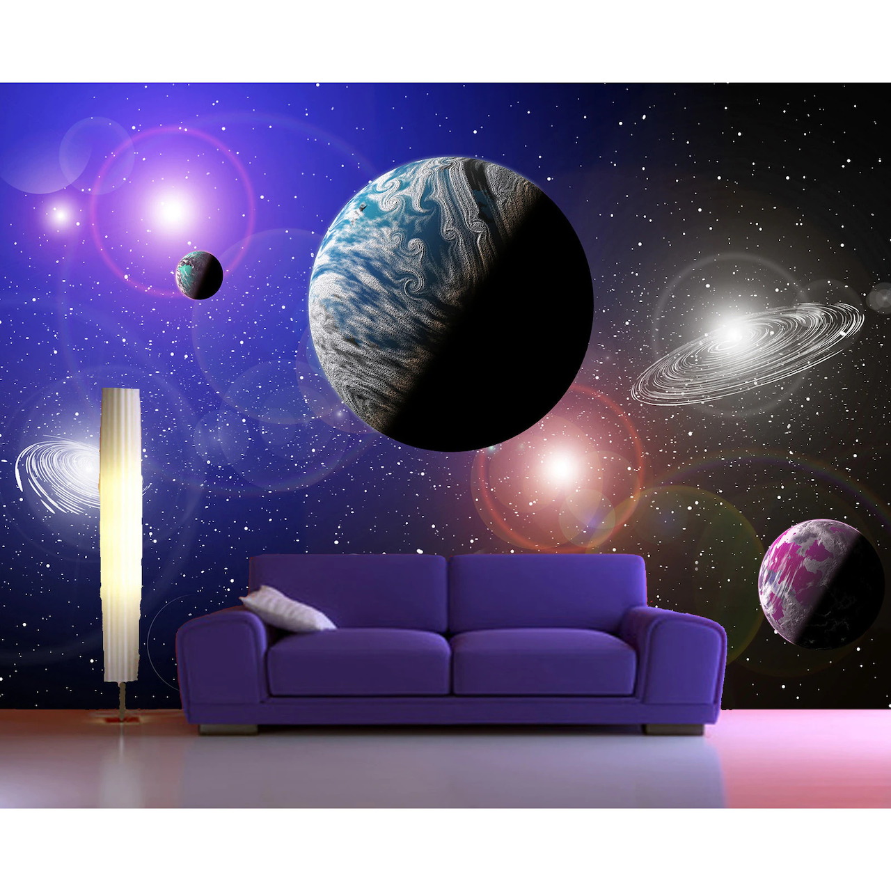 Purple sofa in front of space-themed wall mural with planets and stars