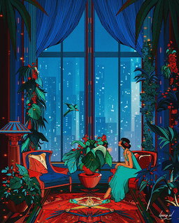 Illustration of a woman sitting on the floor of a plant-filled room looking out at a nightime city skyline