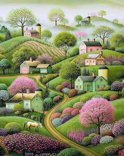 Stylized countryside with rolling hills, cottages, pink flowering trees, and winding roads in soft pastel colors