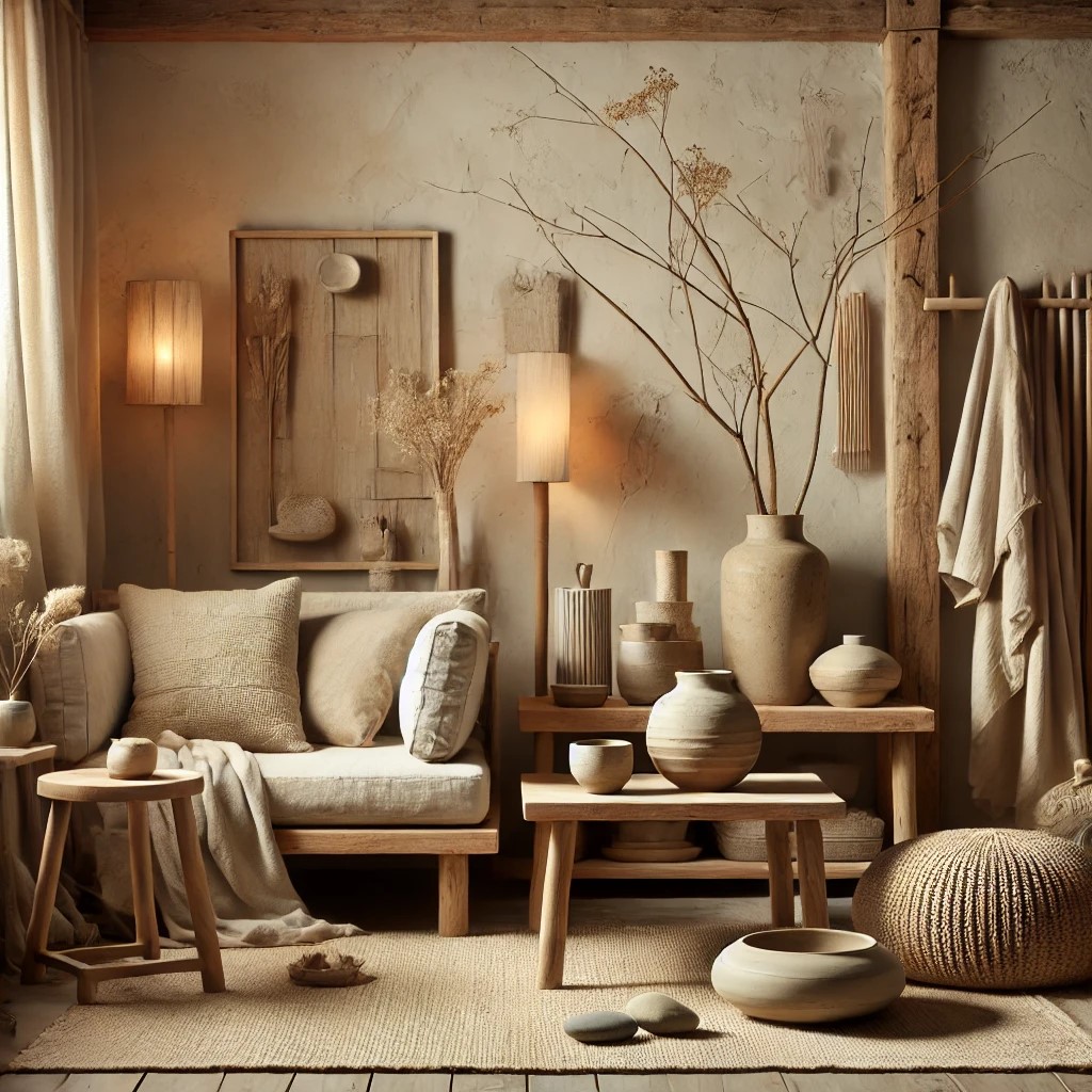 Cozy beige living room with sofa, wooden coffee table, decorative vases, and warm lighting in neutral tones