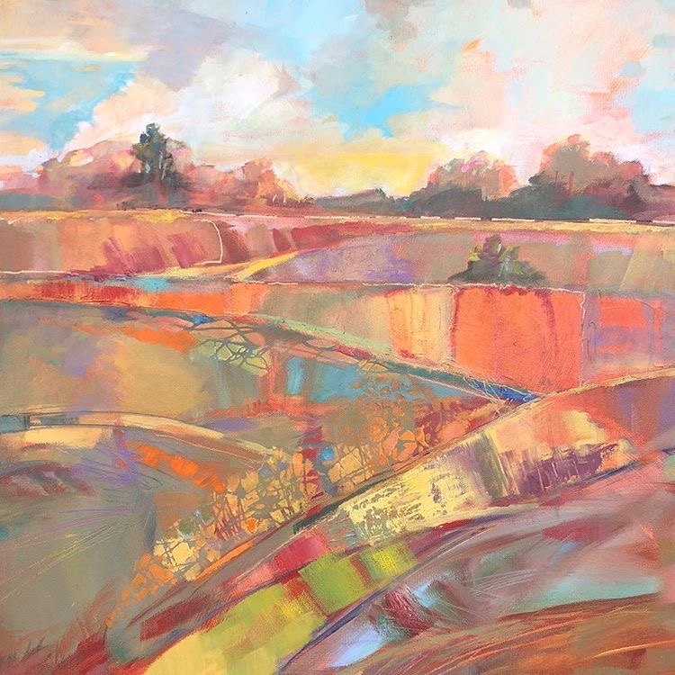 Abstract landscape painting with colorful geometric fields and dramatic sunset sky in pastel tones