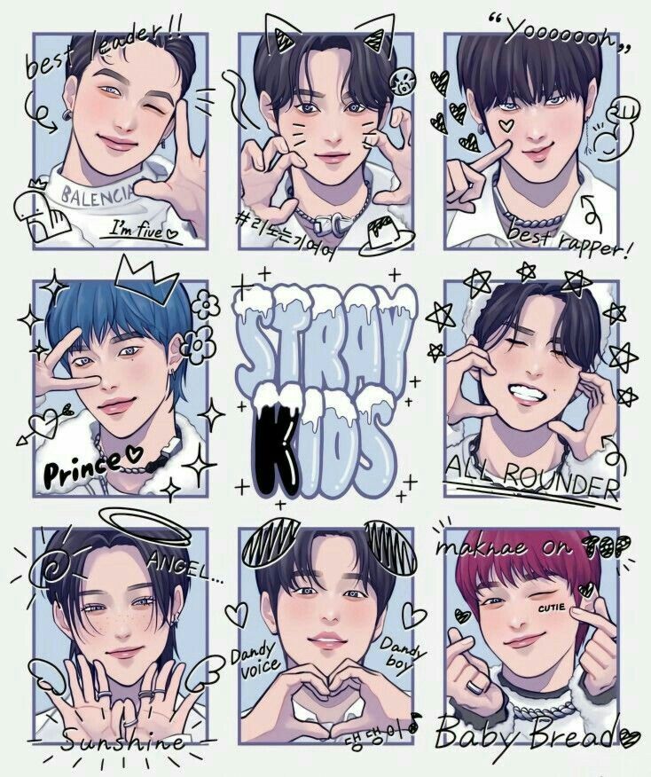 Fan art collage of 9 Stray Kids members in illustrated portrait panels with labels and decorative doodles