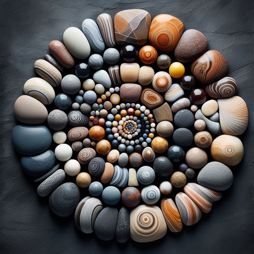 Spiral arrangement of pebbles and stones in earth tones forming a circular mandala pattern