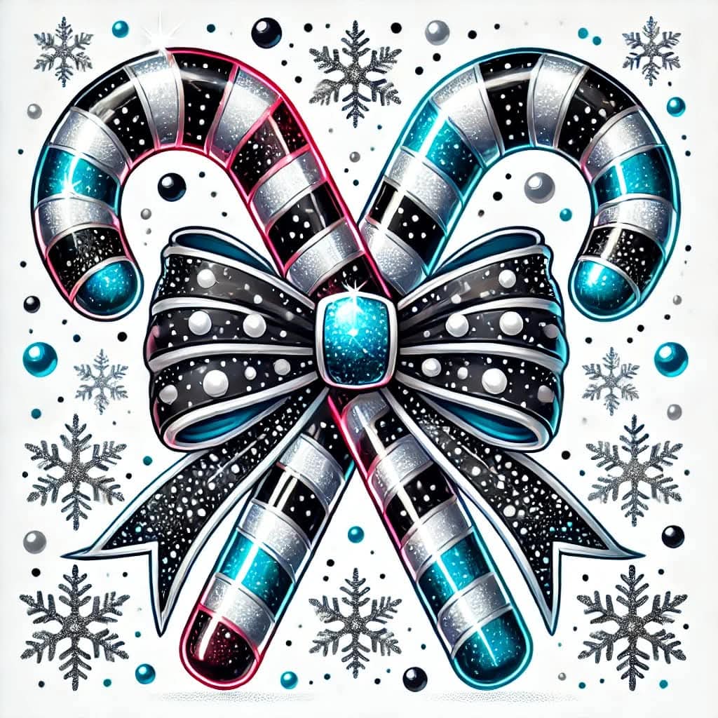 Stylized butterfly with candy cane pattern wings, turquoise gems, and winter snowflakes